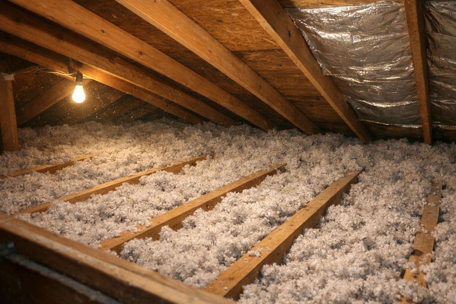 Loose blown-in insulation between the joists of an attic under a bare work light
